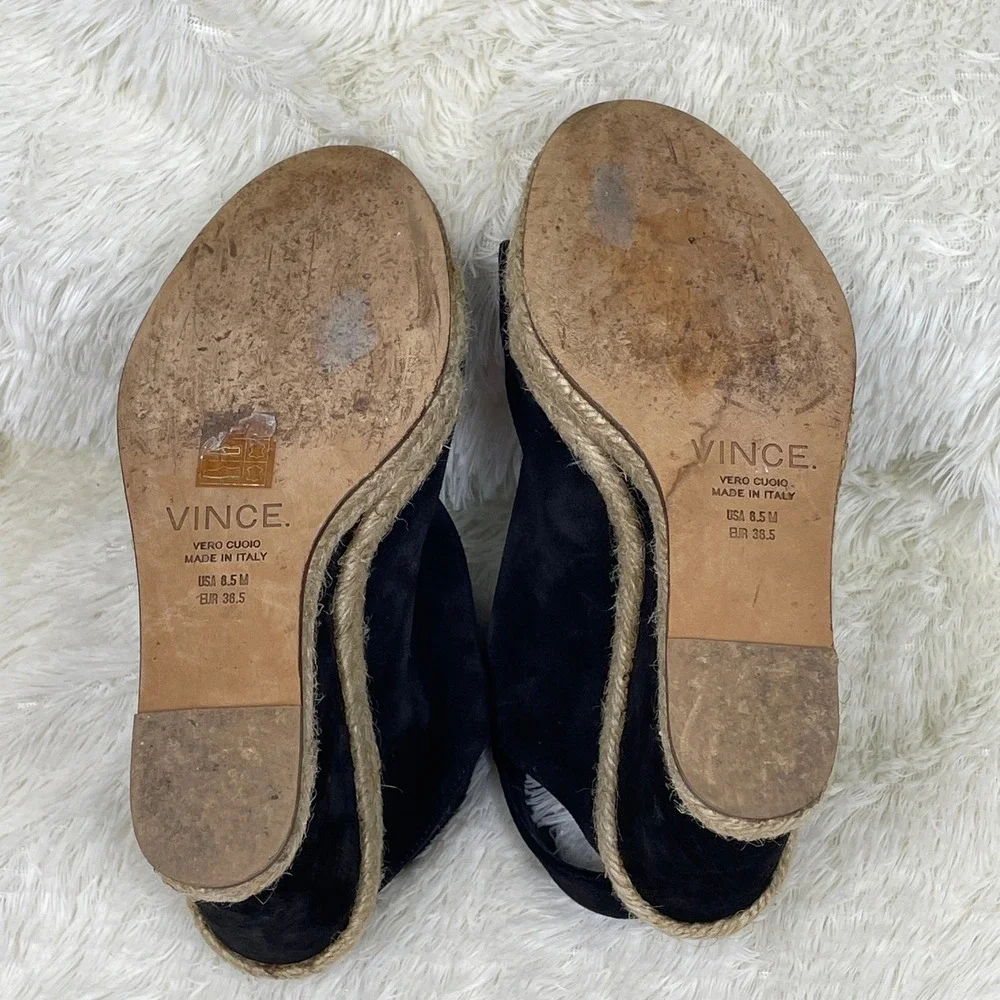 Vince Espadrille Wedge Sandals Womens 6.5 Black Excellent Suede Peep Toe Italy